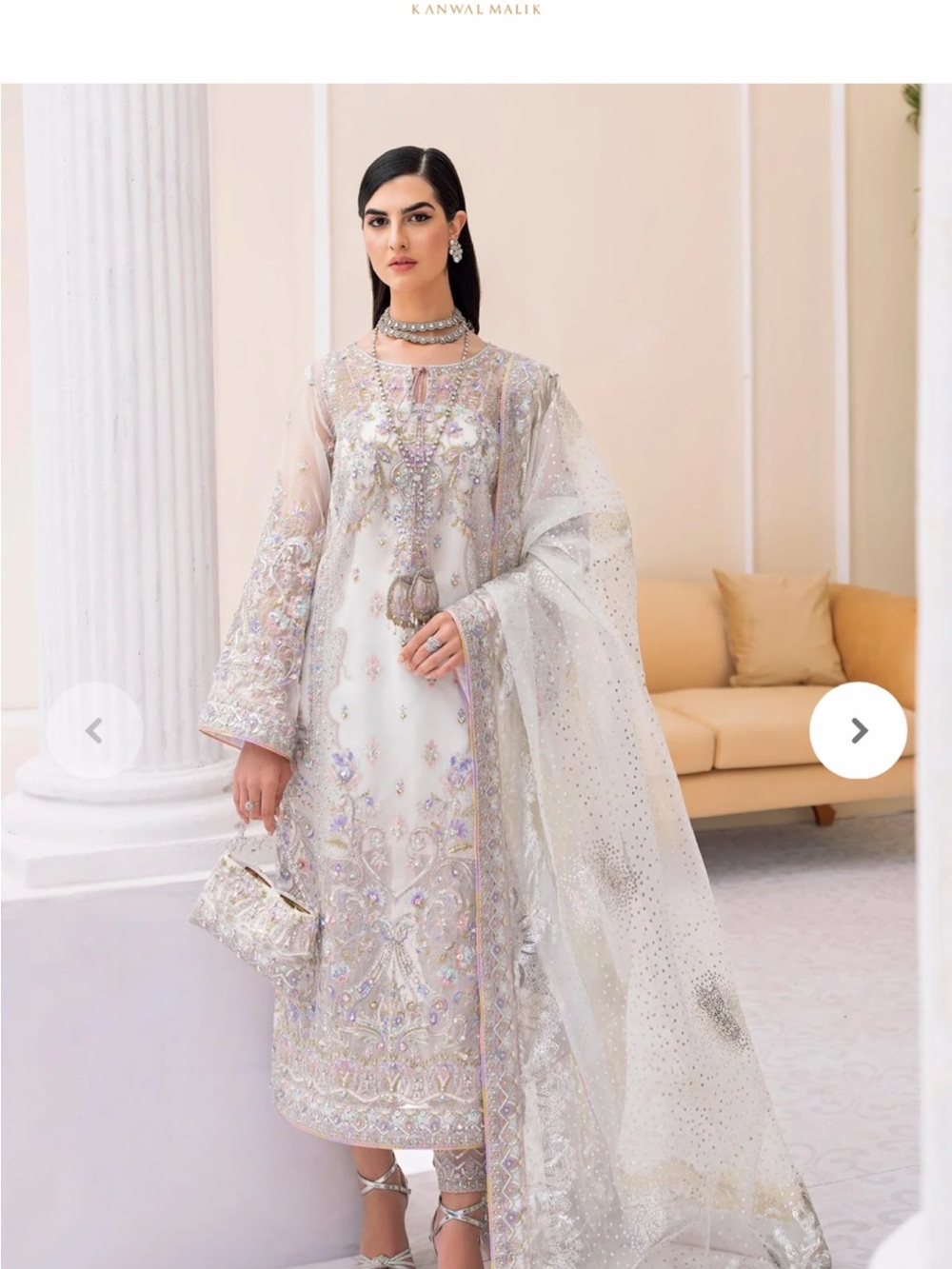 Ivory Embellished Long-Sleeve Formal Dress with Sheer Dupatta